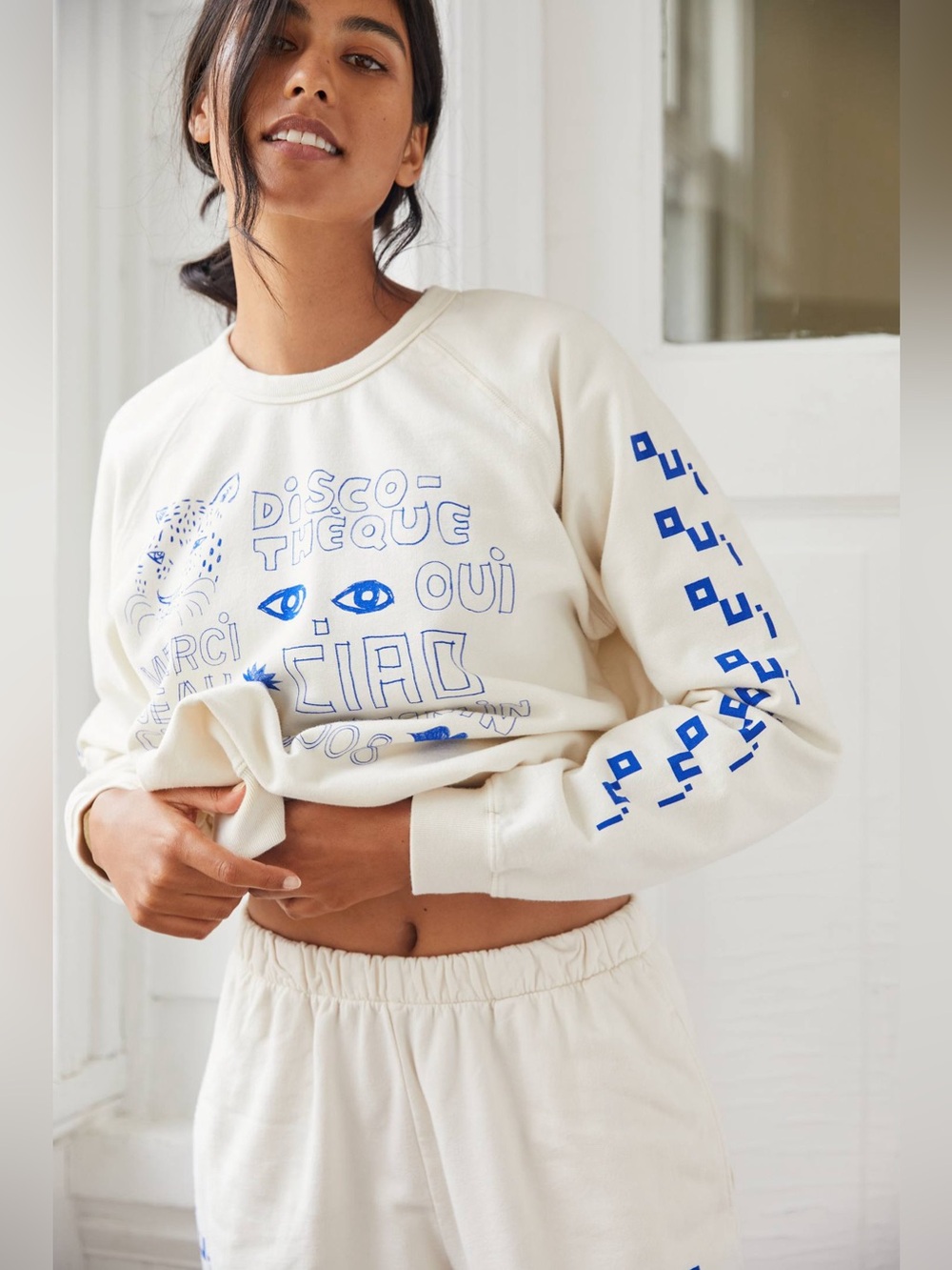 Clare V Icon Oui Oui Sweatshirt Cream Navy Cotton Large
